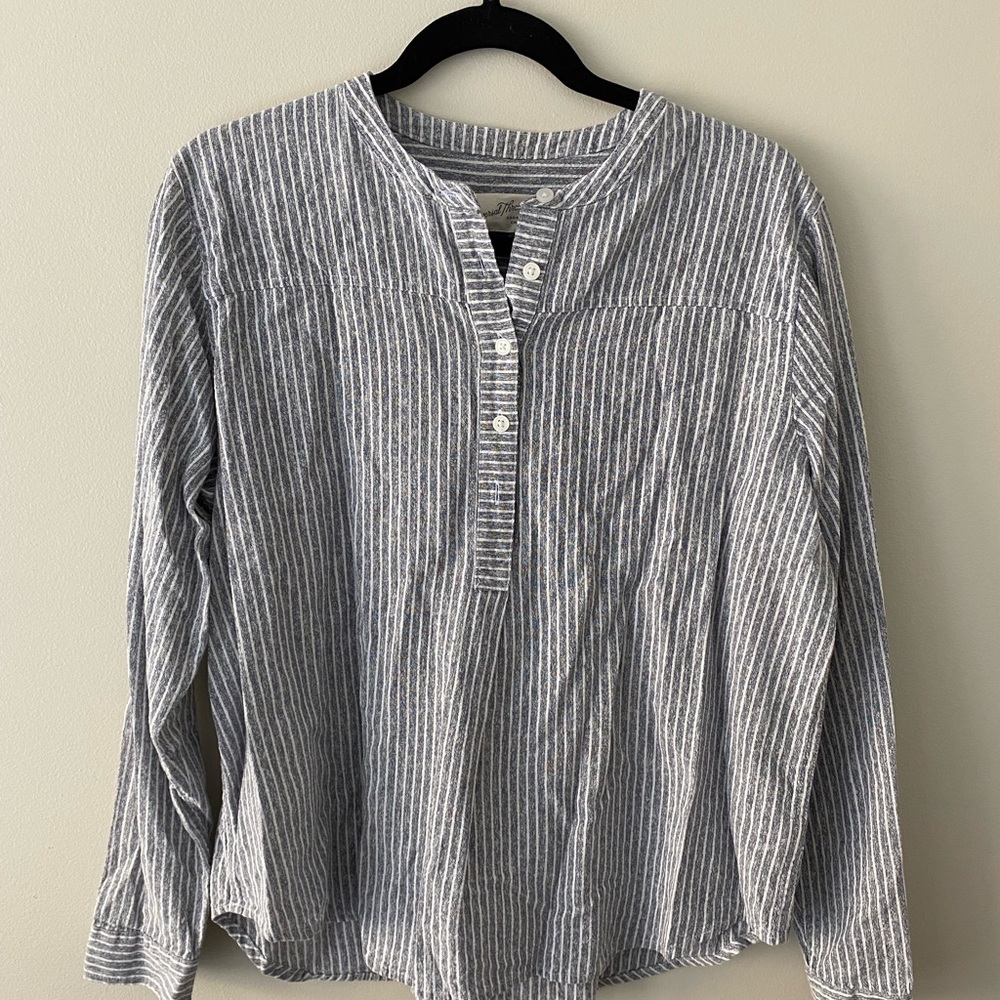 Blue and white stripped long sleeve blouse with button details
